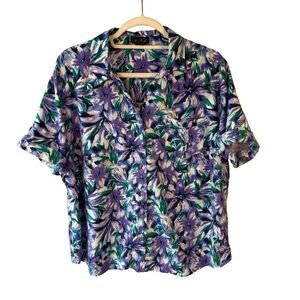 Erika Purple & Green Floral Short-Sleeve Button-Up Shirt Size XL Cottagecore